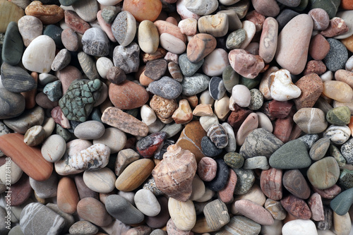 Gravel pattern of colored stones with shell. Abstract nature pebbles background.Small sea stones on the beach, vacation at sea. Top view  © YanaKho