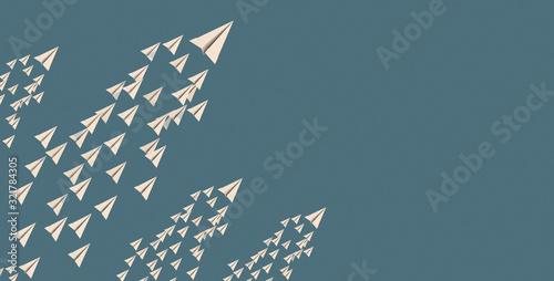 3D illustration of leadership success business concept rocket paper fly over color background lead rocket stand out of other paper rocket follower