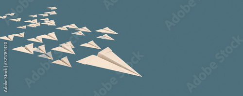 3D illustration of leadership success business concept rocket paper fly over color background lead rocket stand out of other paper rocket follower
