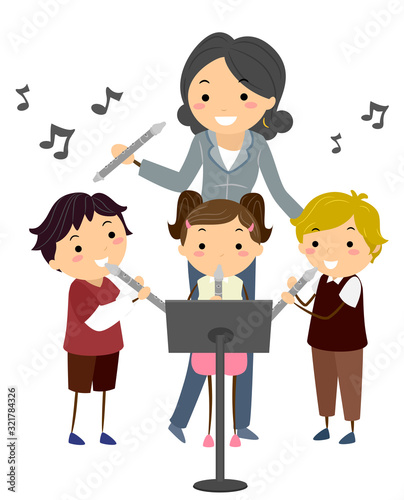 Stickman Kids Teacher Learn Flute Illustration