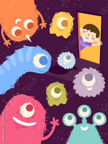 Kid Boy Open Door Imaginary Friends Illustration