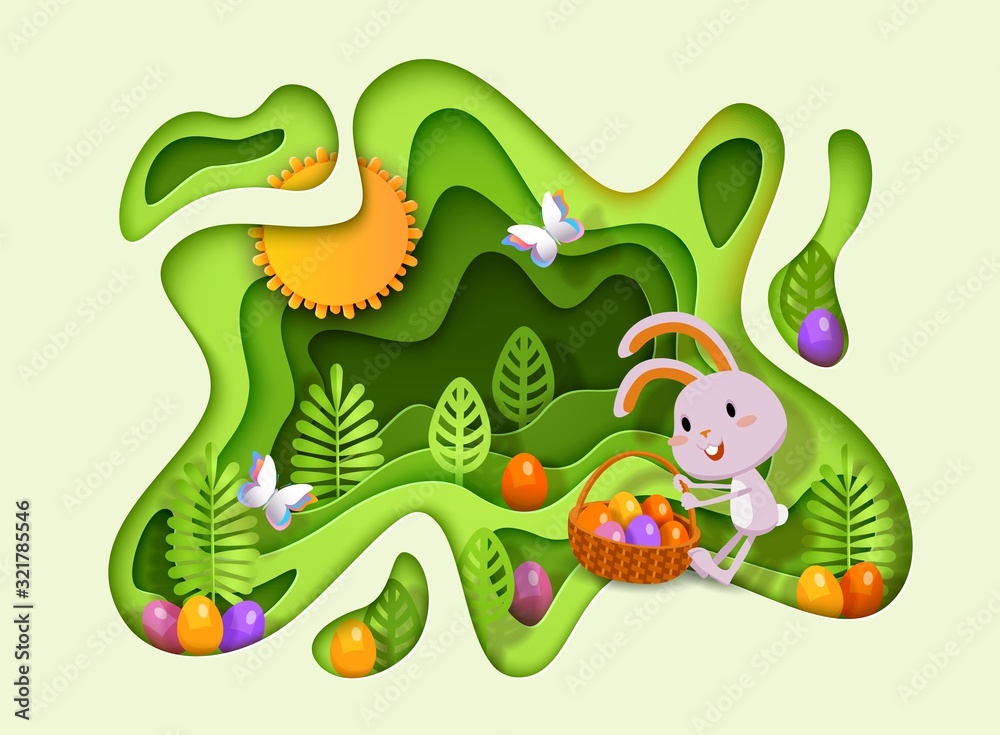 Naklejka premium Happy Easter 3d papercut layered design with funny rabbit, Easter eggs, basket, stylized plants, wavy multilayered effect. Vector illustration for website, poster, promotion, ad, coupon, banner, flyer