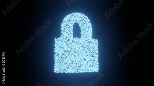 Lock spin sign and symbol glow futuristic particle 3D rendering cube polygon pattern, Privacy and security unlocking network technology concept design on black background animation 4K with copy space