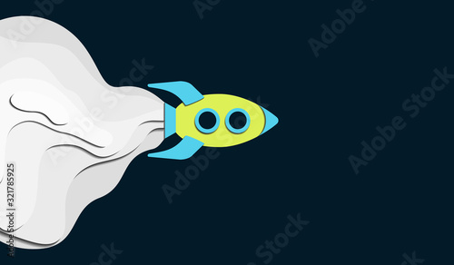 Spaceship vector illustration in paper cut style. Green rocket on dark night background with copy space for text. Puff of white smoke bursting out of exhaust. Spacecraft zooms into space