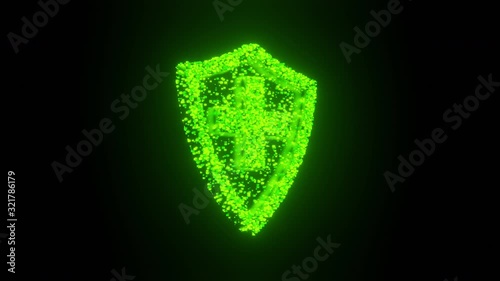Shield spin sign and symbol glow futuristic particle 3D rendering cube polygon pattern, Firewall antivirus network technology concept design on black background animation 4K with copy space