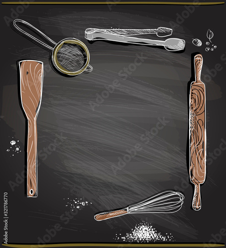 Chalkboard background with kitchen utensils as a frame