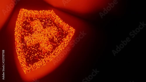 Shield sign and symbol glow futuristic particle 3D rendering cube polygon pattern, Firewall antivirus network technology concept design on black background animation 4K with copy space