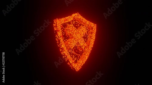 Shield spin sign and symbol glow futuristic particle 3D rendering cube polygon pattern, Firewall antivirus network technology concept design on black background animation 4K with copy space