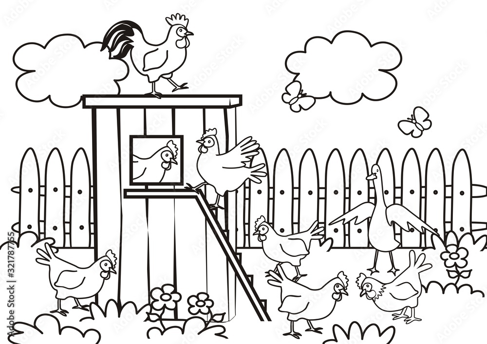 henhouse and poultry in the backyard, coloring book for children