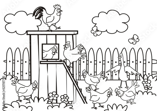 henhouse and poultry in the backyard, coloring book for children, vector illustration