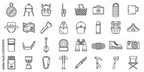 Hiking mountain icons set. Outline set of hiking mountain vector icons for web design isolated on white background