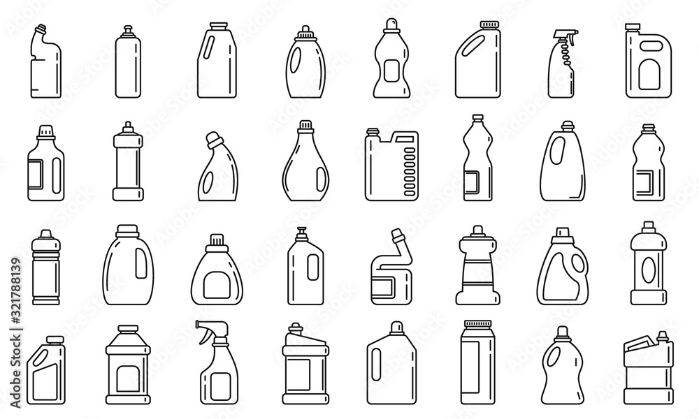 Bleach bottle icons set. Outline set of bleach bottle vector icons for web design isolated on white background - obrazy, fototapety, plakaty 