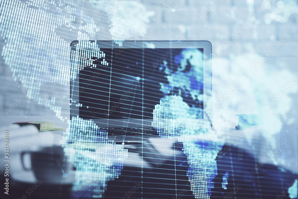 Multi exposure of business theme icons and work space with computer background. Concept of success.