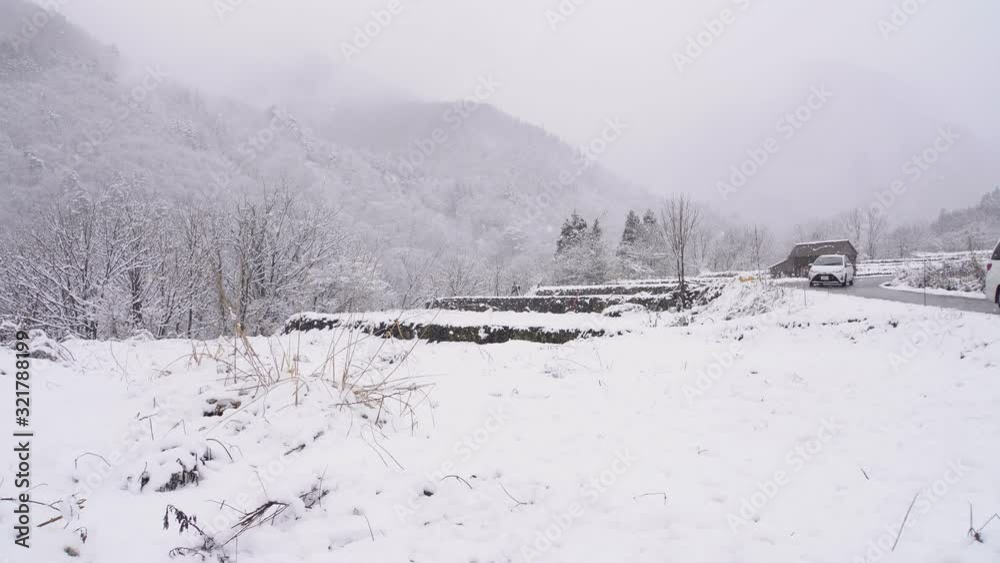Fantastic snow winter landscape mountain in Shirakawa-Go vintage Japanese village park, Japan Beauty world in Fir branch with ice and frost on forest trees in cold winter, beautiful natural in coldest Fantastic snow winter landscape mountain in Shirakawa-Go vintage Japanese village park, Japan Beauty world in Fir branch with ice and frost on forest trees in cold winter, beautiful natural in coldest