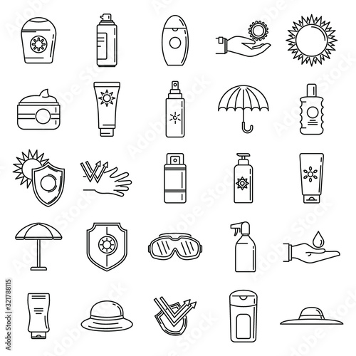 Uv sun protection icons set. Outline set of uv sun protection vector icons for web design isolated on white background