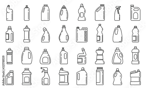 Bleach bottle icons set. Outline set of bleach bottle vector icons for web design isolated on white background photo