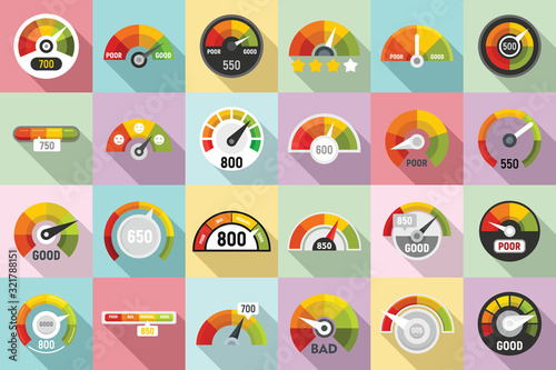 Credit score icons set. Flat set of credit score vector icons for web design