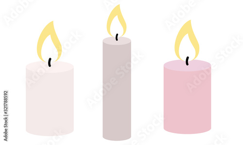 Set of burning candles in different colors. Vector illustration.