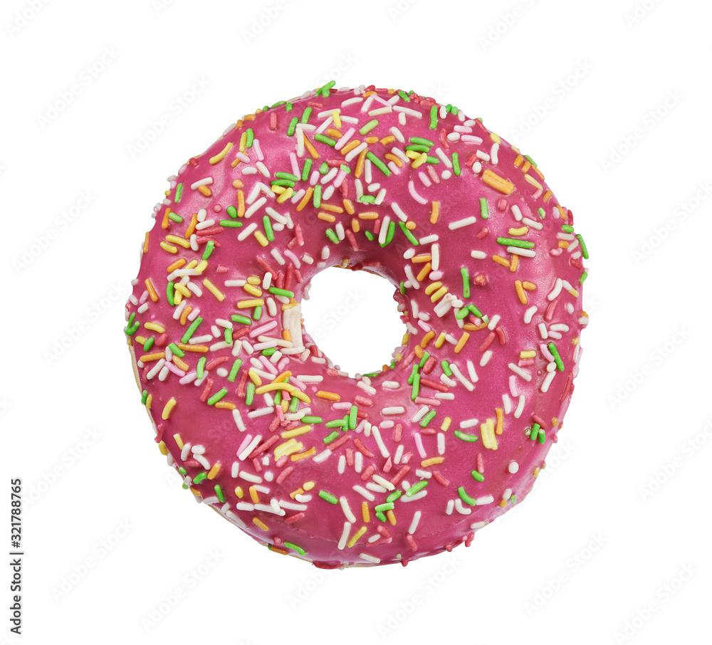 red glazed round donut with sprinkles isolated on white red glazed round donut with sprinkles isolated on white