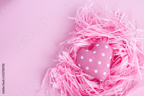 Pink Valentine's Day background. Happy holiday greetings concept. Place for text. Flat layout. photo