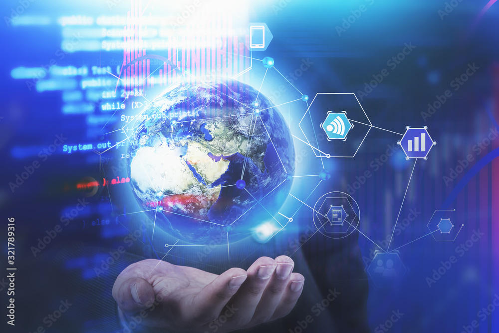 Man hand holding Earth with network interface Man hand holding Earth with network interface