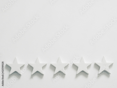 Quality rating. Approval acceptance honor. Five stars row on white background.