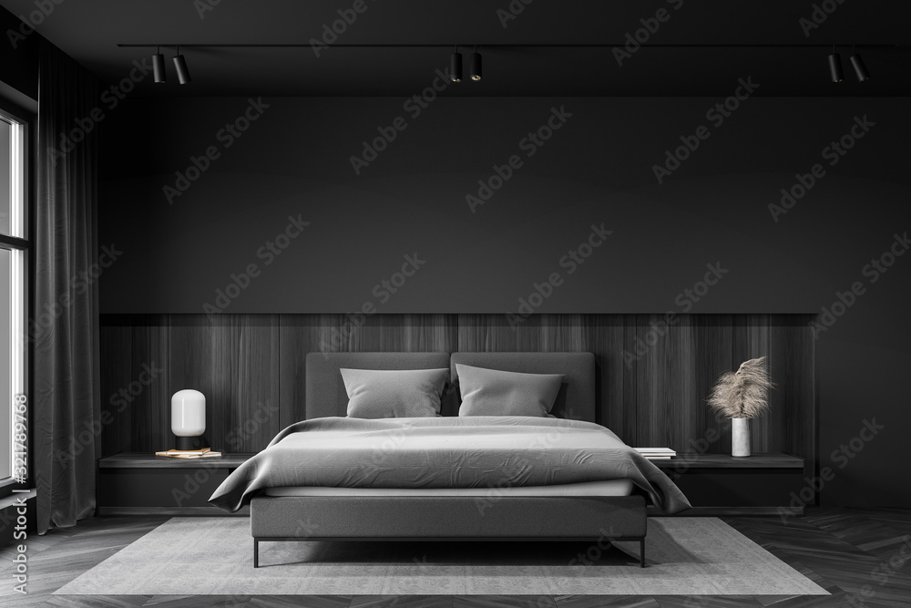 Gray and wooden master bedroom interior - obrazy, fototapety, plakaty 