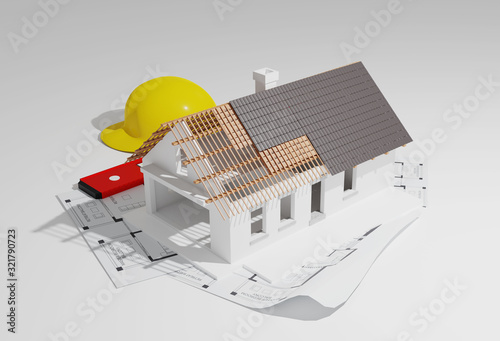 Isometric view of 3D Render house in construction build with blueprints and yellow worker helmet on isolated gradient background