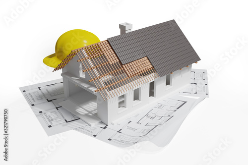 Isometric view of 3D Render house in construction build with blueprints and yellow worker safety helmet on isolated white background
