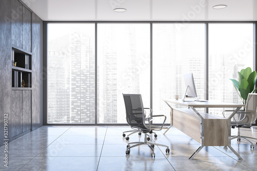 Panoramic executive office interior, gray bookcase