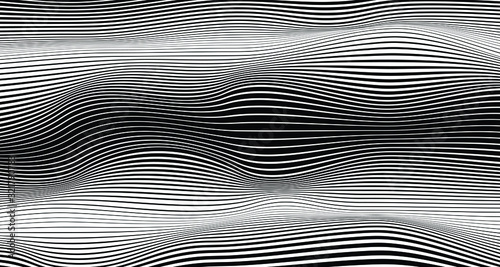  Abstract background with optical illusion wave. Black and white horizontal lines with wavy distortion effect for prints, web pages, template, posters, monochrome backgrounds and pattern