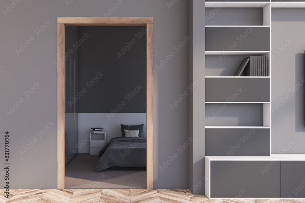 Gray living room and bedroom interior Gray living room and bedroom interior