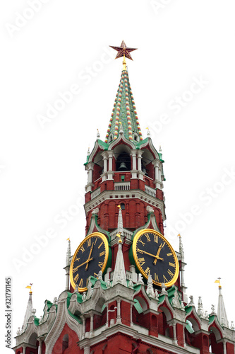 Moscow Kremlin, Red Square. Spasskaya (Savior's) clock tower decorated by the red ruby star on the top of it. Isolated on white
