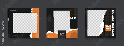 social media post template for digital marketing and sale promo. modern fashion advertising. black orange and white monochrome banner. mockup photo frame vector illustration.