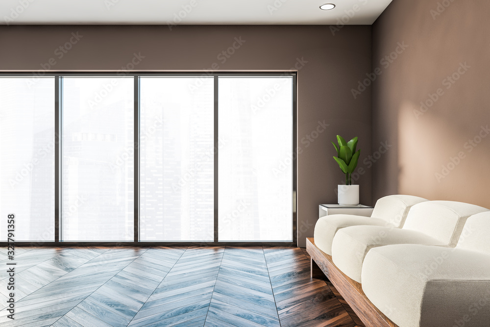 Fototapeta premium Panoramic brown living room with sofa