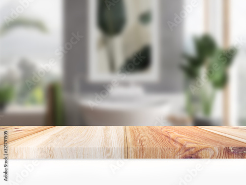 3D Render artwork of empty oak table top (desk) for product display with blurred bathroom interior background