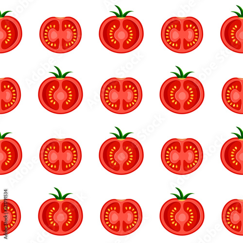 Flat natural food seamless pattern. Red juicy tomato slice isolated on white. Abstract texture for print, paper, kitchen design, fabric, cafe decor, wrap, backgrounds, menu, ads. Vector illustration