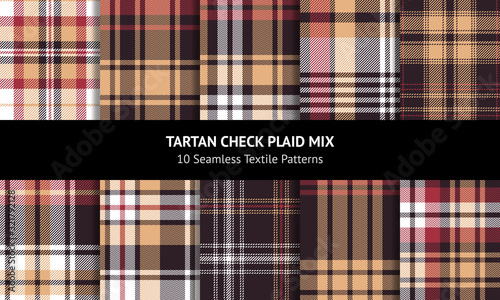 Plaid pattern set. Seamless tartan check plaid collection for blanket, duvet cover, or other modern autumn and winter textile design. Striped and herringbone woven pixel texture.