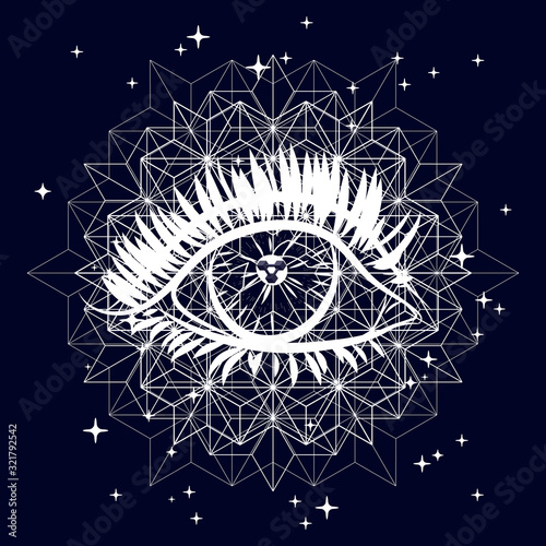 Mystical illustration with an eye. Suitable for illustrating mysterious phenomena, esotericism, horoscopes, mysticism, sacred knowledge.