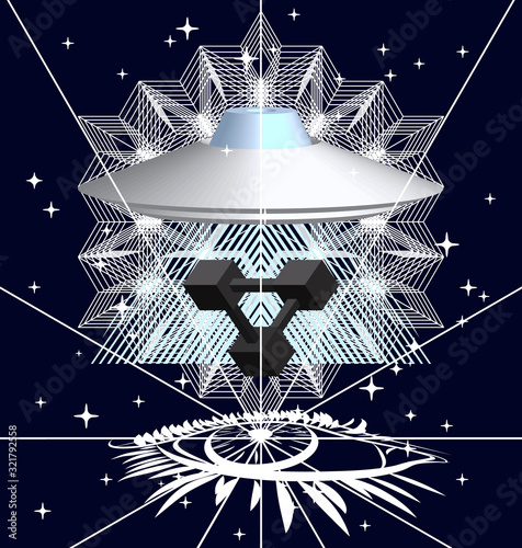 Mystical illustration with aliens. Fashionable UFO Print.