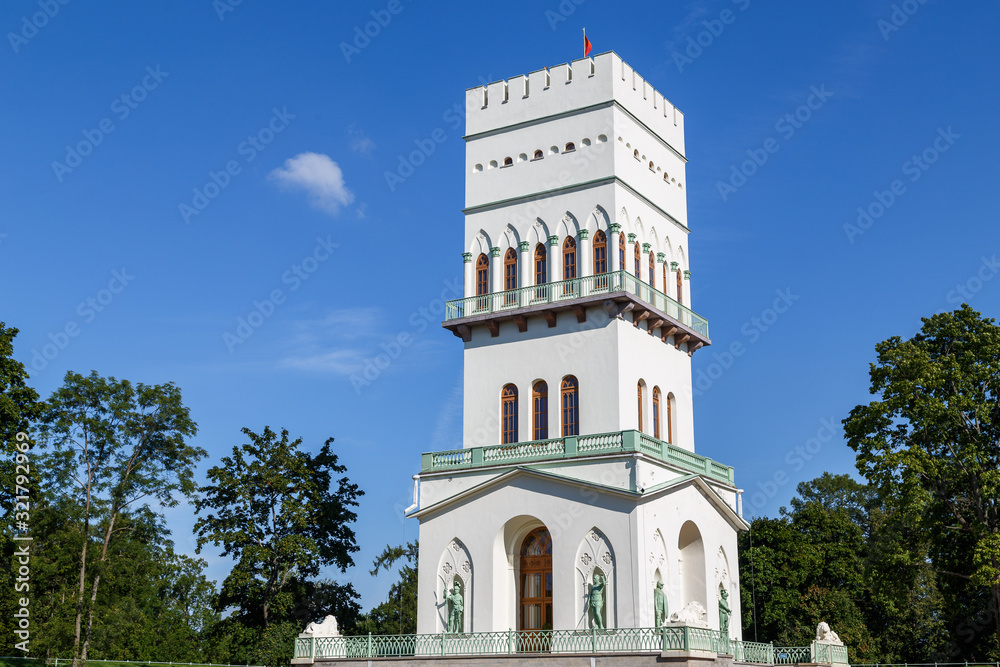 PUSHKIN / RUSSIA - AUGUST 2015: Neo-Gothic tower-like pavilion in Alexandrovsky park, Pushkin (Tsarskoe Selo), Russia