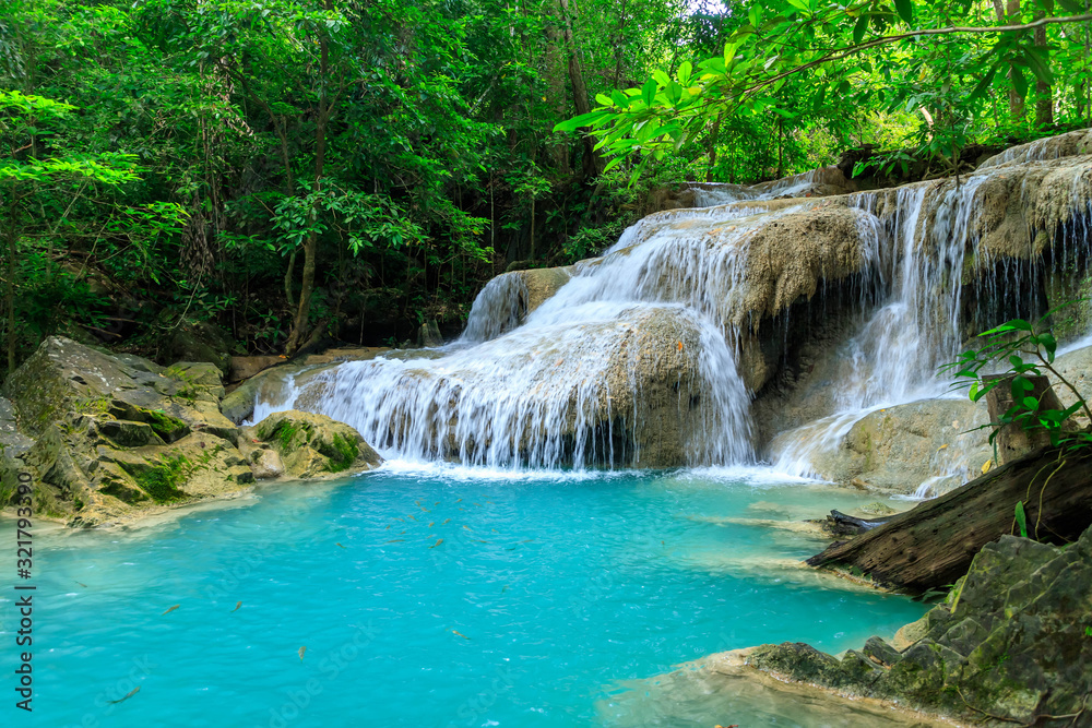 Naklejka premium Waterfall level 1, Erawan National Park, Kanchanaburi, Thailand; high shutter speed, freeze, no motion