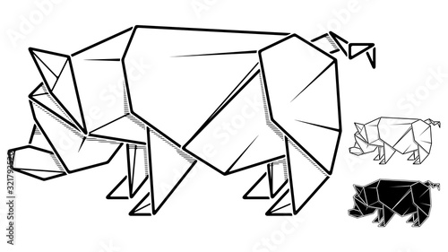 Vector monochrome image of paper pig origami (contour drawing by line).