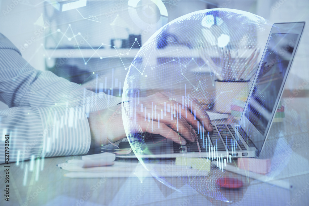 Double exposure of stock market graph with man working on laptop on background. Concept of financial analysis. Double exposure of stock market graph with man working on laptop on background. Concept of financial analysis.