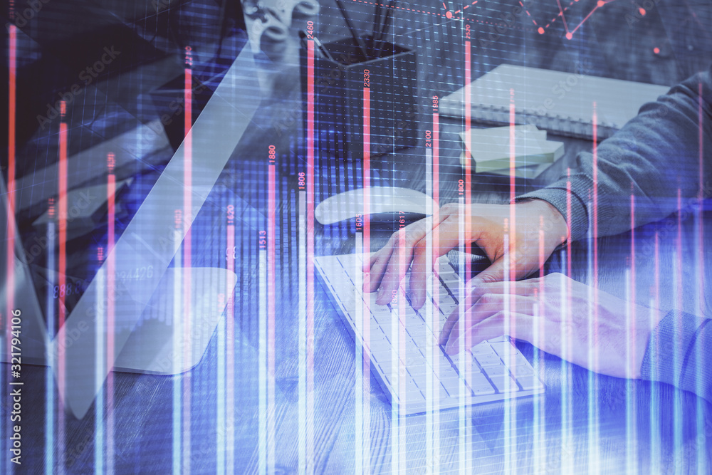 Double exposure of financial graph with man works in office on background. Concept of analysis. Double exposure of financial graph with man works in office on background. Concept of analysis.