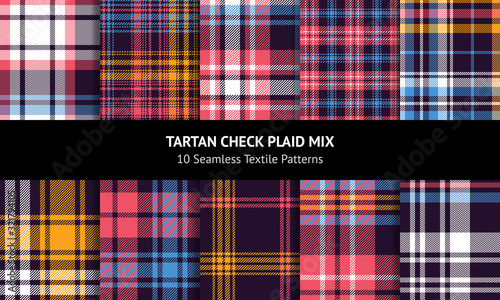 Plaid set. Seamless bright multicolored tartan check plaid graphics in dark purple, blue, pink, yellow, and white for flannel shirt, blanket, throw, duvet cover, or other modern fabric design.