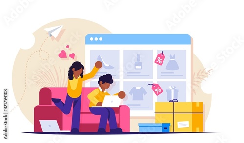 Online shopping. A man and a woman shop at an online store sitting on a couch. The product catalog on the web browser page. Shopping boxes. Vector isolated illustration.