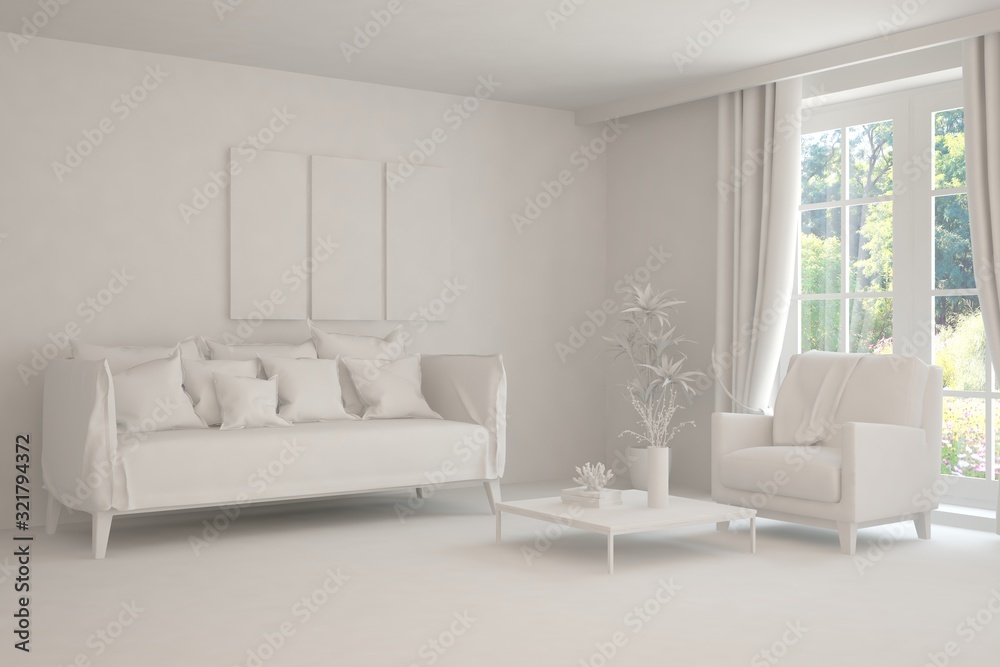 Fototapeta premium Mock up of stylish room in white color with sofa. Scandinavian interior design. 3D illustration