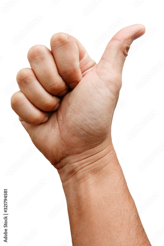 Close up Male asian hand gestures isolated over the white background. Thumb up. Close up Male asian hand gestures isolated over the white background. Thumb up.