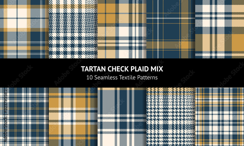 Tartan plaid pattern background set. Seamless check plaid graphic in blue,  gold, and off white for scarf, flannel shirt, blanket, throw, duvet cover,  or other autumn winter textile design. Stock Vector